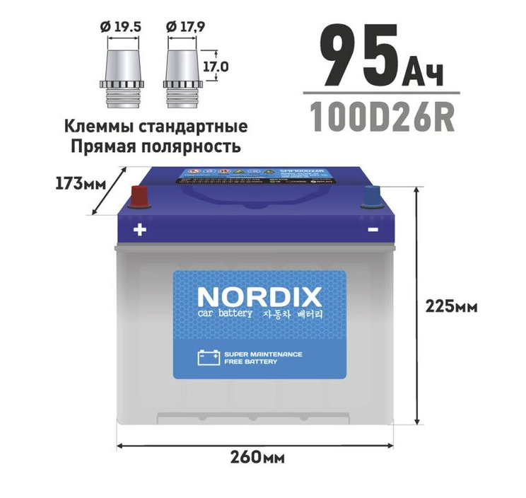 Аккумулятор NORDIX 95Ah R CCA 730A (SMF100D26R)