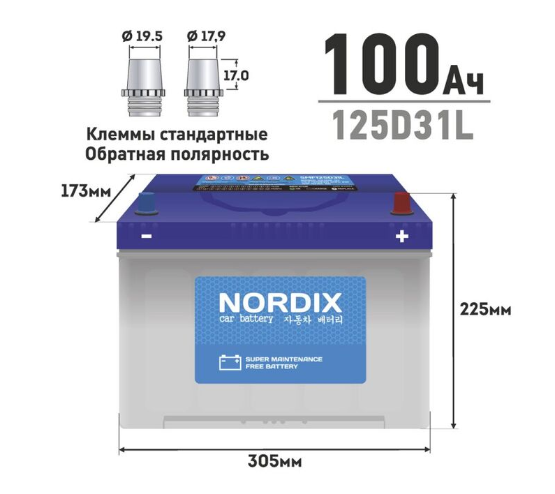 Аккумулятор NORDIX 100Ah L CCA 830A (SMF125D31L)